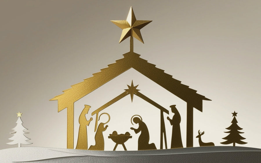 Gold nativity silhouettes beneath a large star.