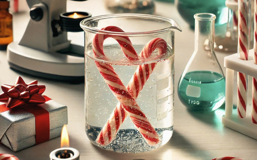 Two candy canes stand in a water-filled beaker beside lab equipment.