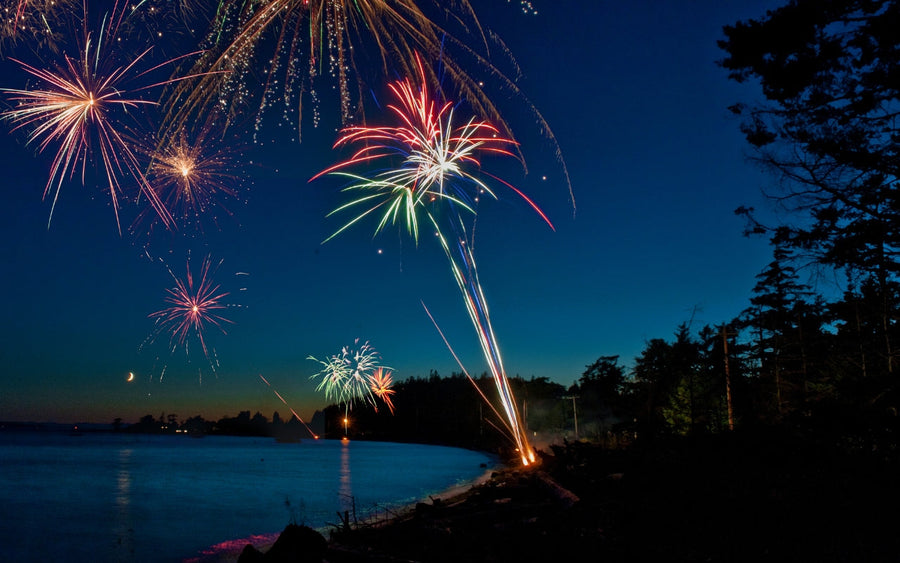 Fireworks burst above a lakeshore at night.