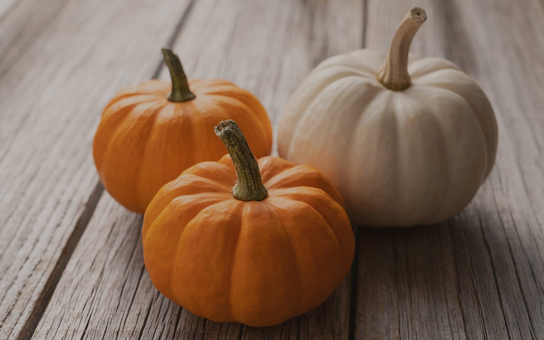 Two orange pumpkins and one white pumpkin on a wooden table.