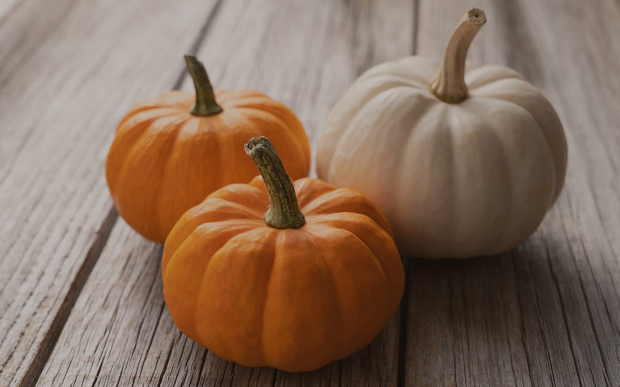Two orange pumpkins and one white pumpkin on a wooden table.