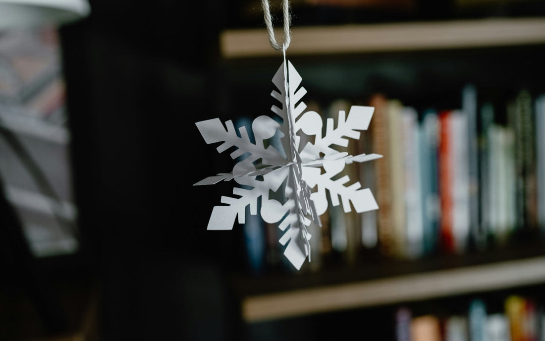 A white paper snowflake hangs in front of a bookshelf.
