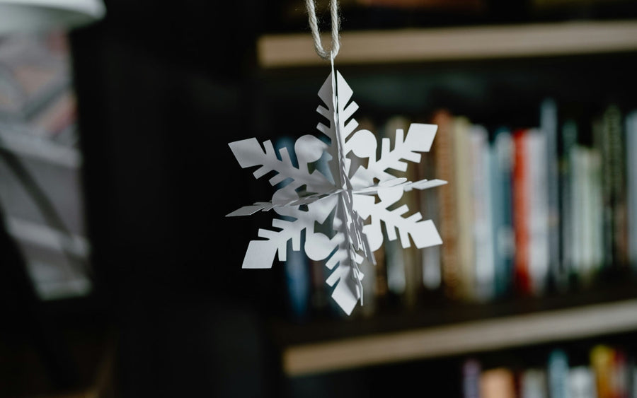 A white paper snowflake hangs in front of a bookshelf.