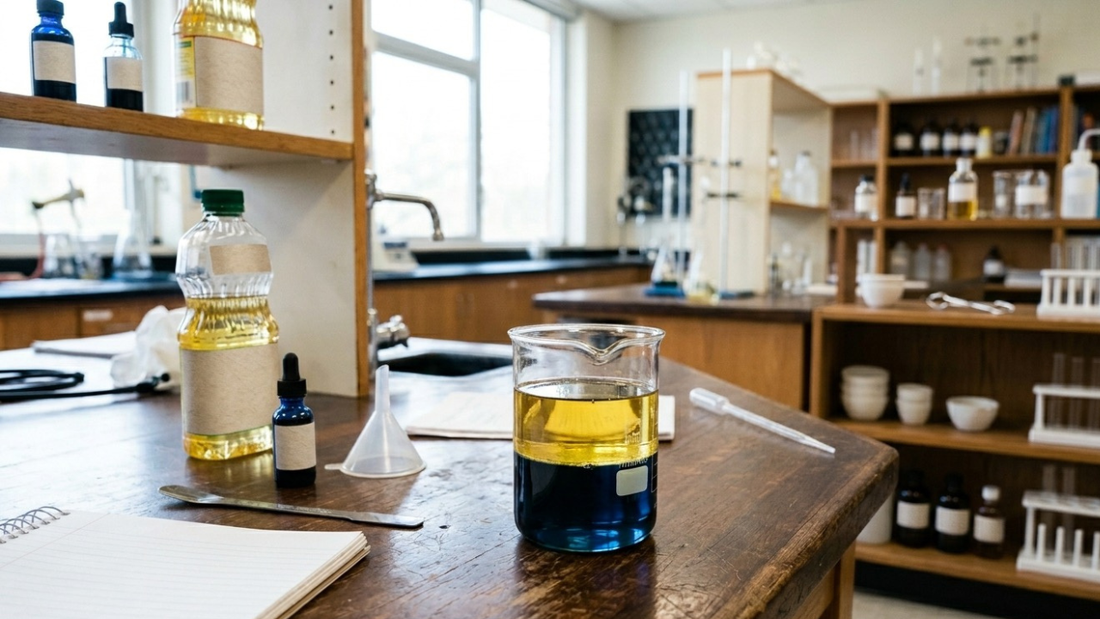Blue and yellow liquids form separate layers in a beaker on a lab bench.