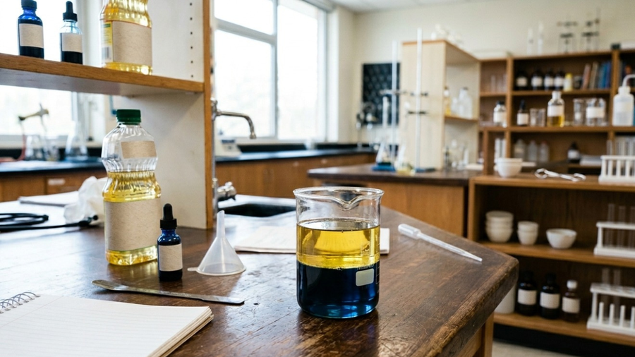 Blue and yellow liquids form separate layers in a beaker on a lab bench.