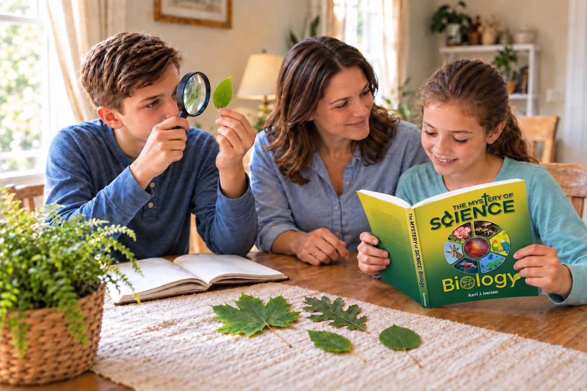 A boy examines a leaf through a magnifying glass while his mother watches his sister read The Mystery of Science Biology.